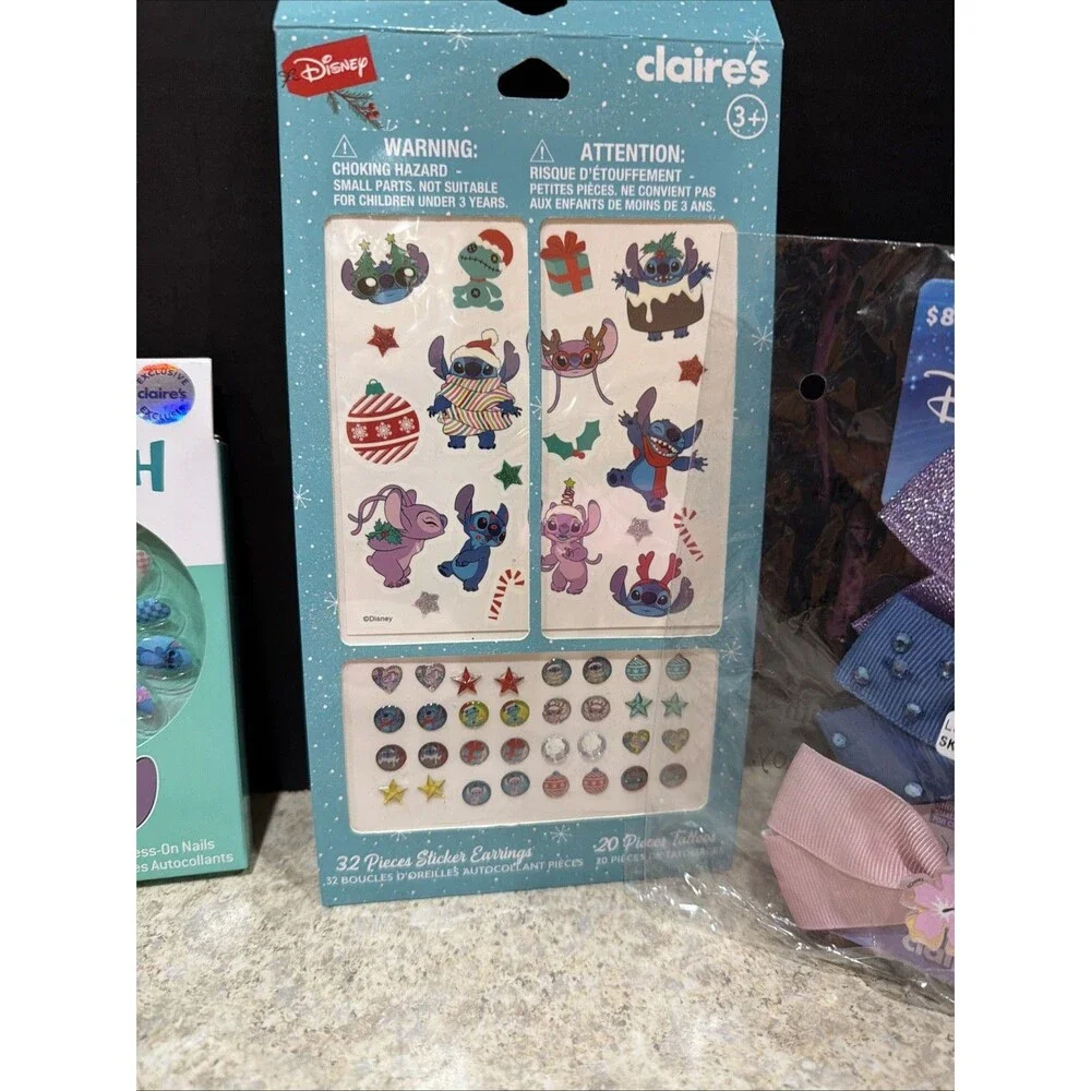 Stitch Claire's beauty pack- nails, hair clip, earring stickers, and bows
